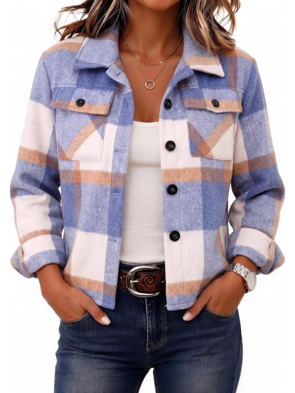 Flannels for Women Cropped Shacket Jacket Fashion Plaid Fall Coat
